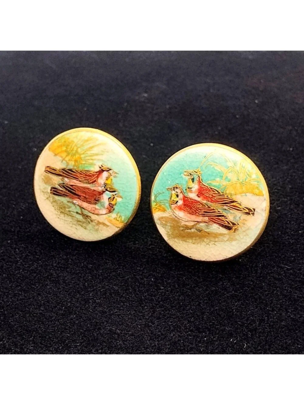 Vintage Satsuma Hand Painted Porcelain Quail Bird Button Cufflinks